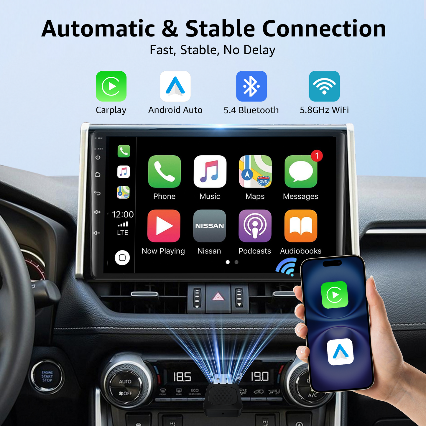 2-in-1 CarPlay & Android Auto Wireless Adapter, Smallest Mini Edition, Converts Wired to Wireless, Plug & Play Adapter for Apple iPhone iOS 10+ & Android 11+