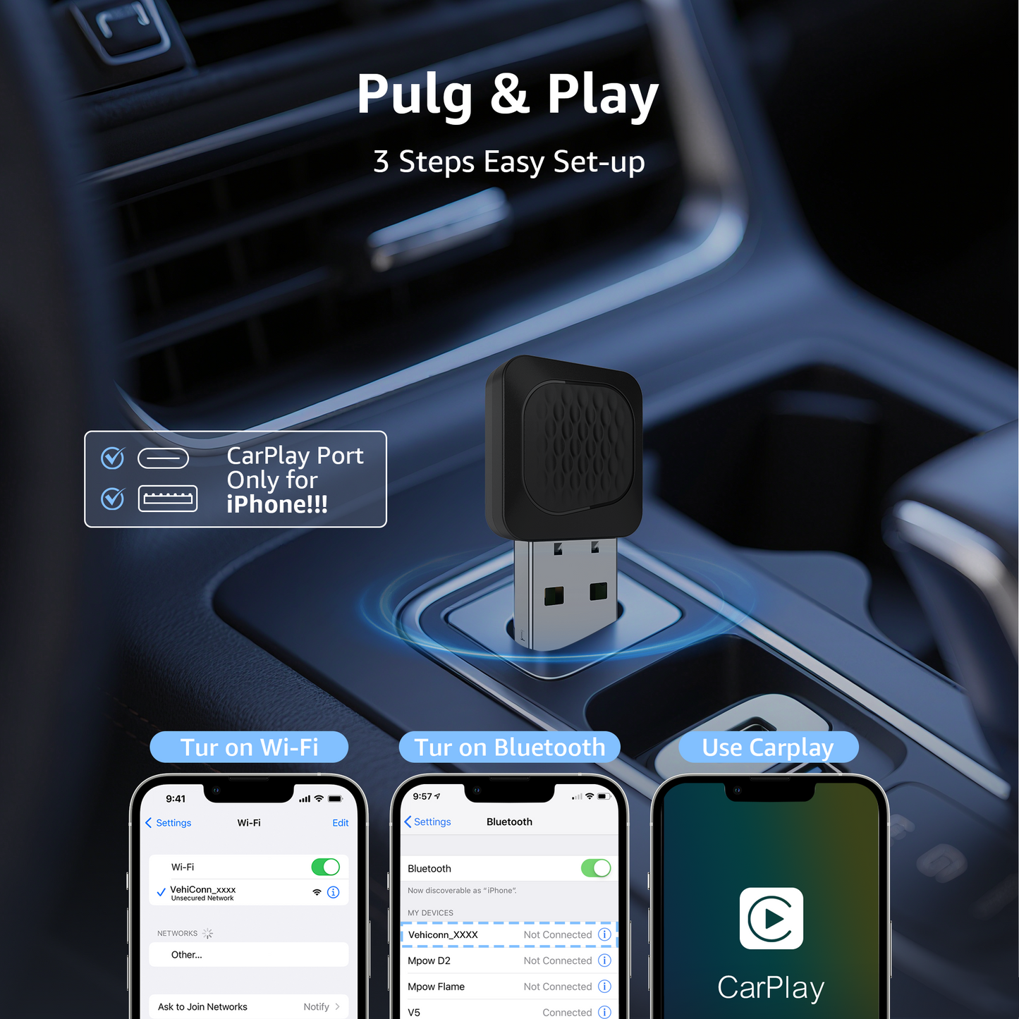 CarPlay Wireless Adapter, Smallest Mini Edition, Converts Wired to Wireless CarPlay, Plug & Play Adapter for Apple iPhone iOS 10+ & Cars from 2015+