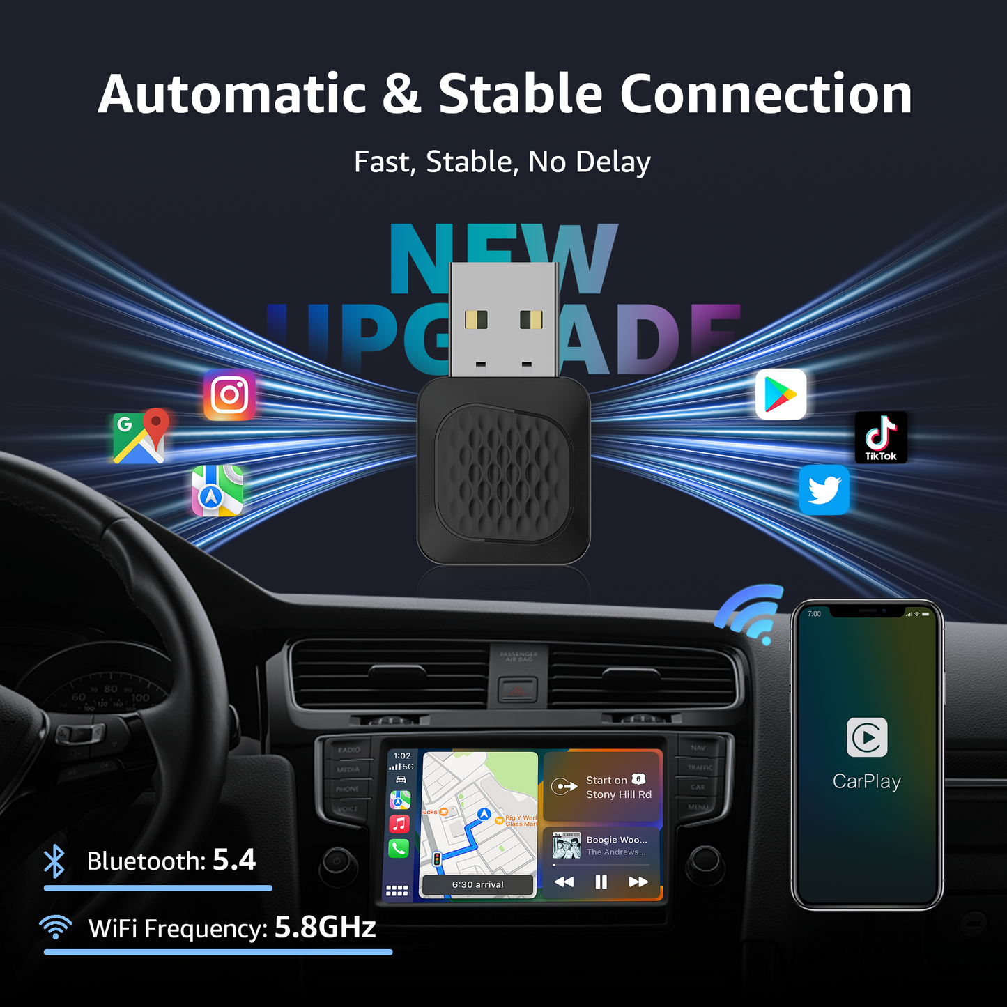 CarPlay Wireless Adapter, Smallest Mini Edition, Converts Wired to Wireless CarPlay, Plug & Play Adapter for Apple iPhone iOS 10+ & Cars from 2015+