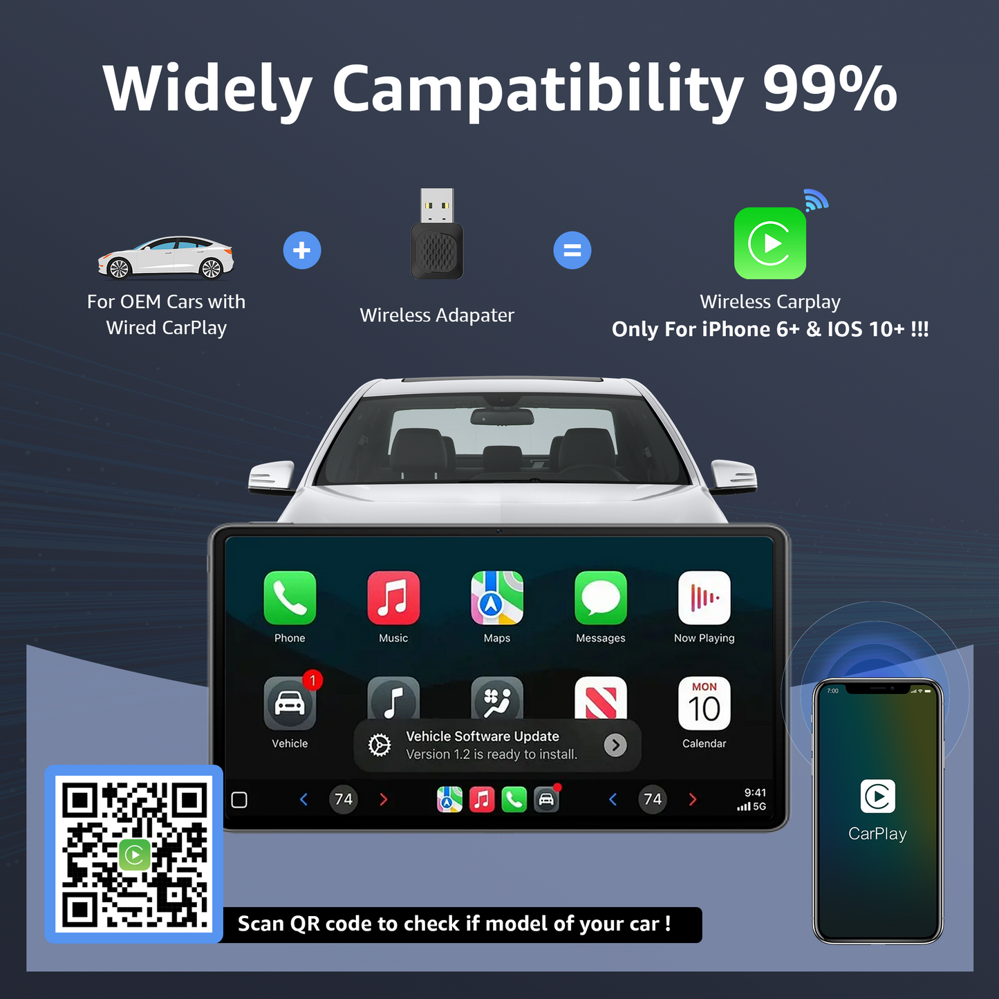 CarPlay Wireless Adapter, Smallest Mini Edition, Converts Wired to Wireless CarPlay, Plug & Play Adapter for Apple iPhone iOS 10+ & Cars from 2015+