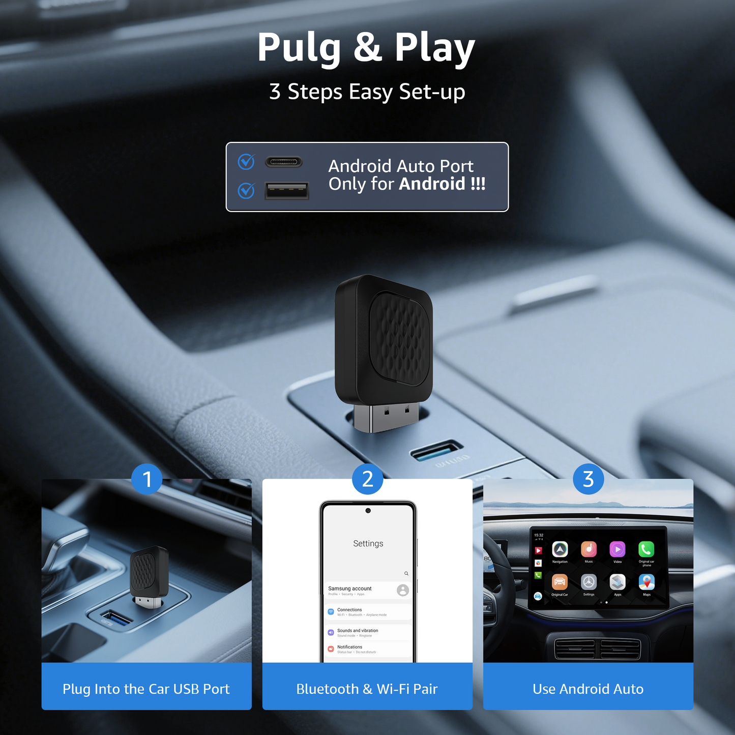 Android Auto Wireless Adapter, Smallest Mini Edition, Converts Wired to Wireless Android Auto, Plug & Play Adapter for Android 11+ & Cars from 2016+