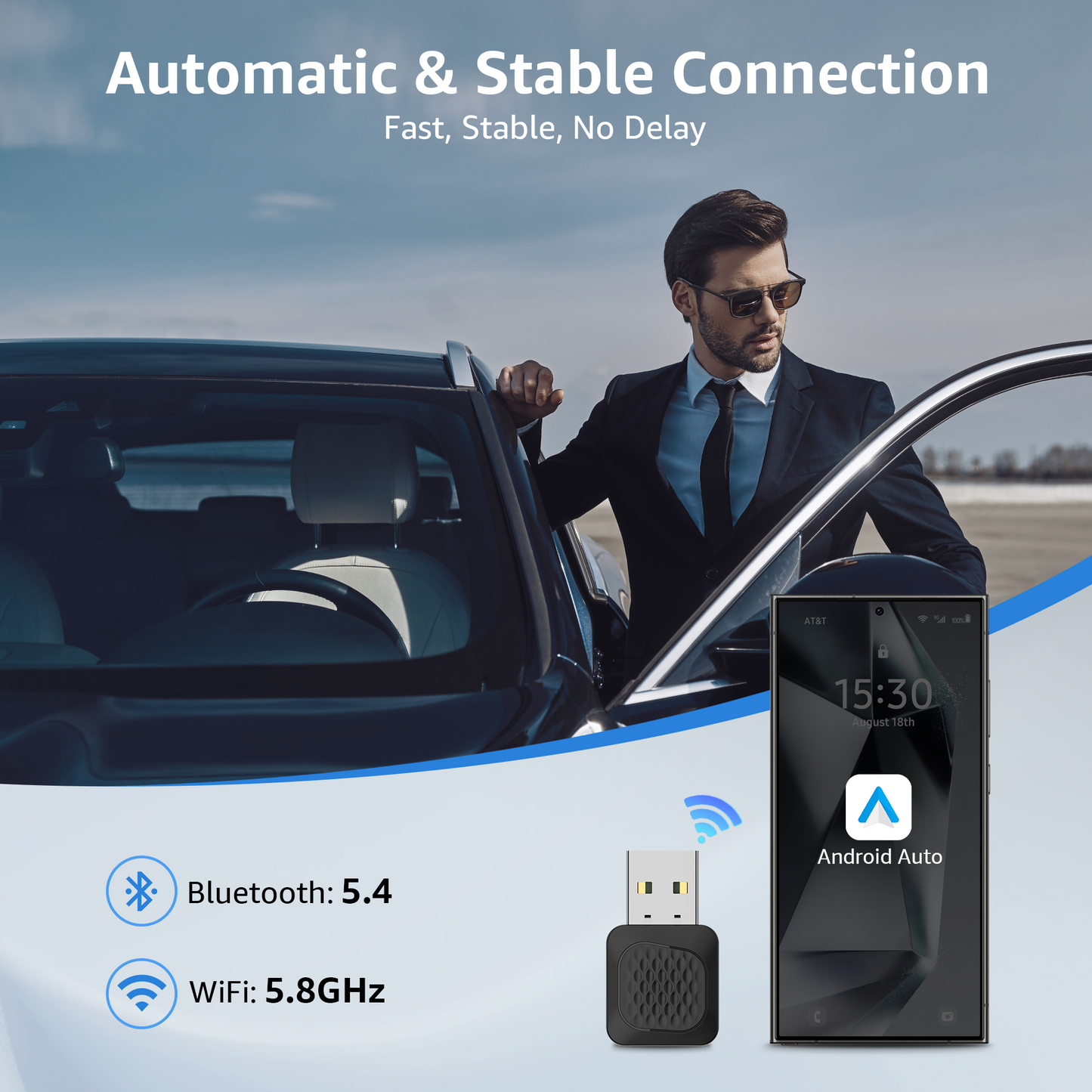 Android Auto Wireless Adapter, Smallest Mini Edition, Converts Wired to Wireless Android Auto, Plug & Play Adapter for Android 11+ & Cars from 2016+