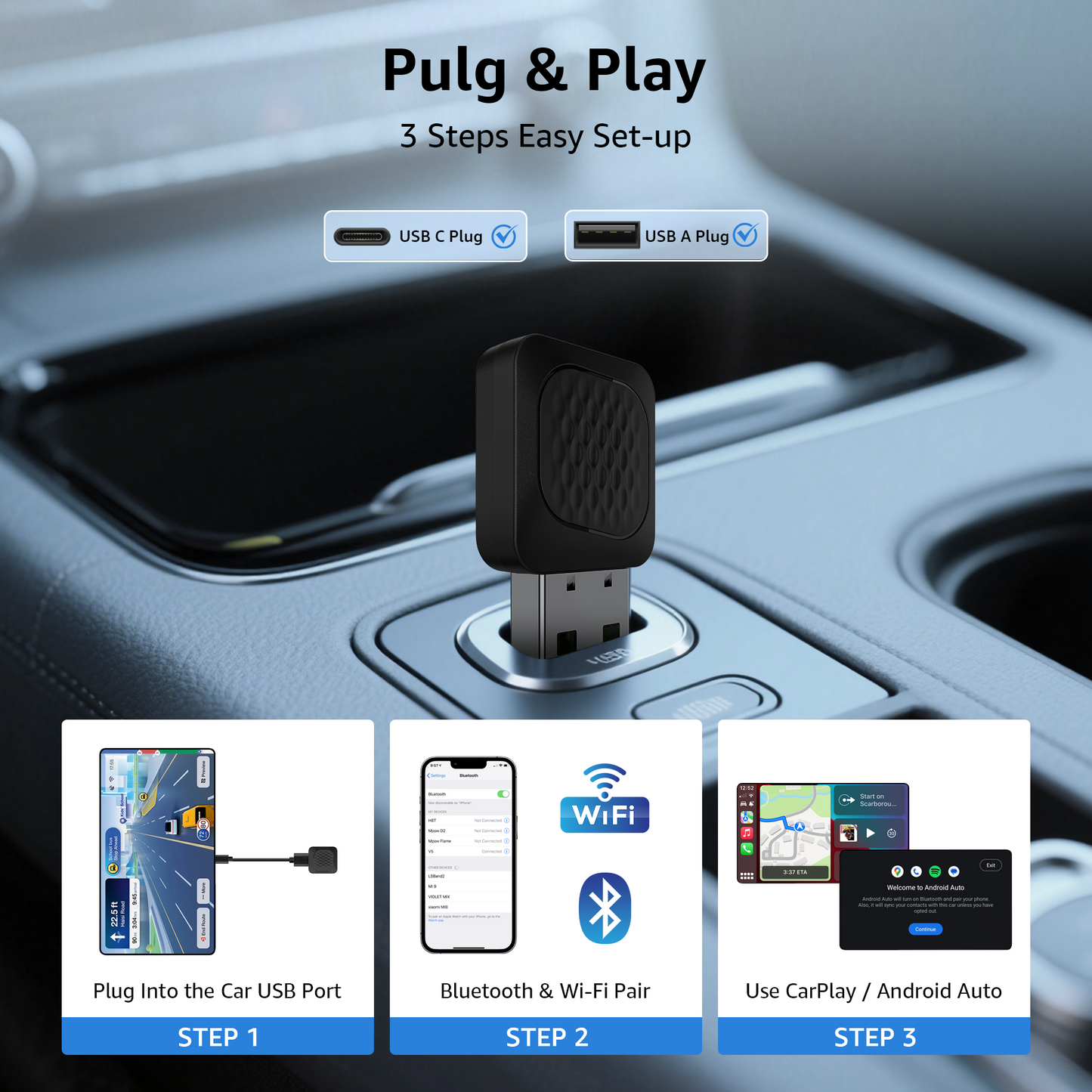 2-in-1 CarPlay & Android Auto Wireless Adapter, Smallest Mini Edition, Converts Wired to Wireless, Plug & Play Adapter for Apple iPhone iOS 10+ & Android 11+