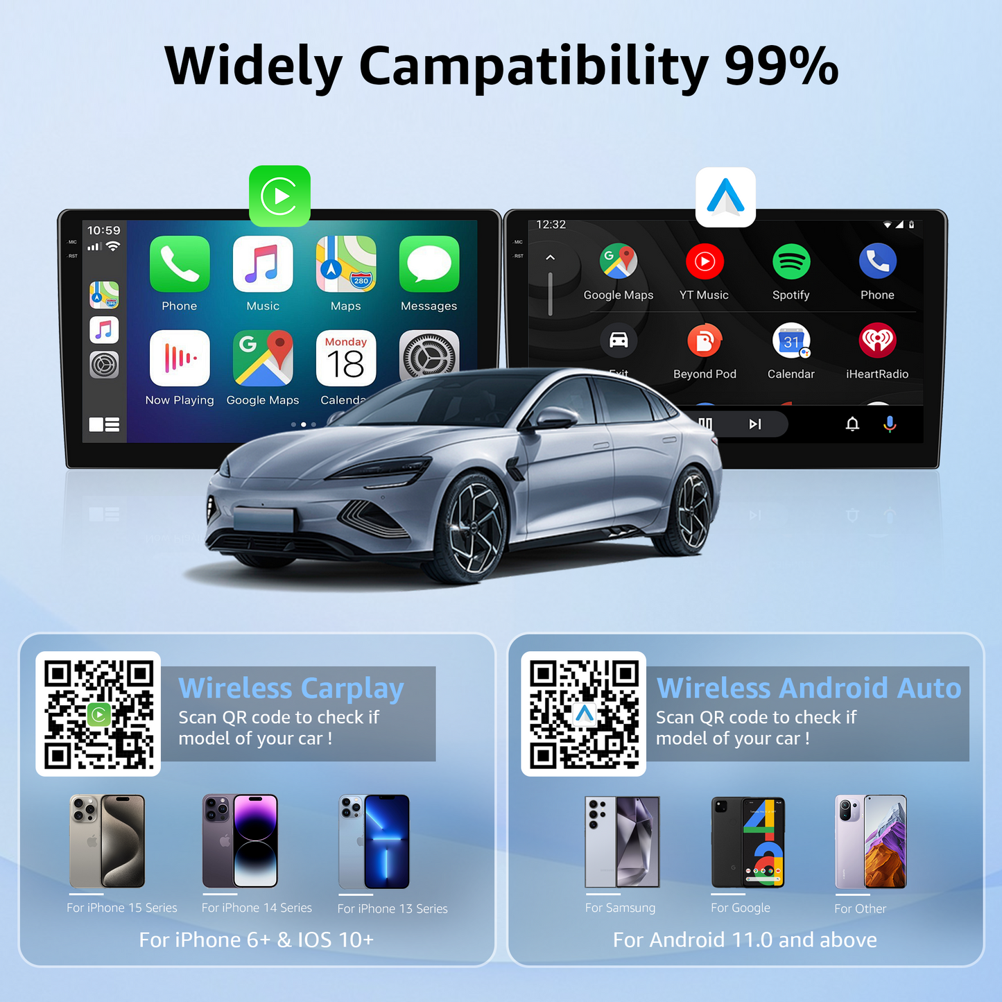 2-in-1 CarPlay & Android Auto Wireless Adapter, Smallest Mini Edition, Converts Wired to Wireless, Plug & Play Adapter for Apple iPhone iOS 10+ & Android 11+