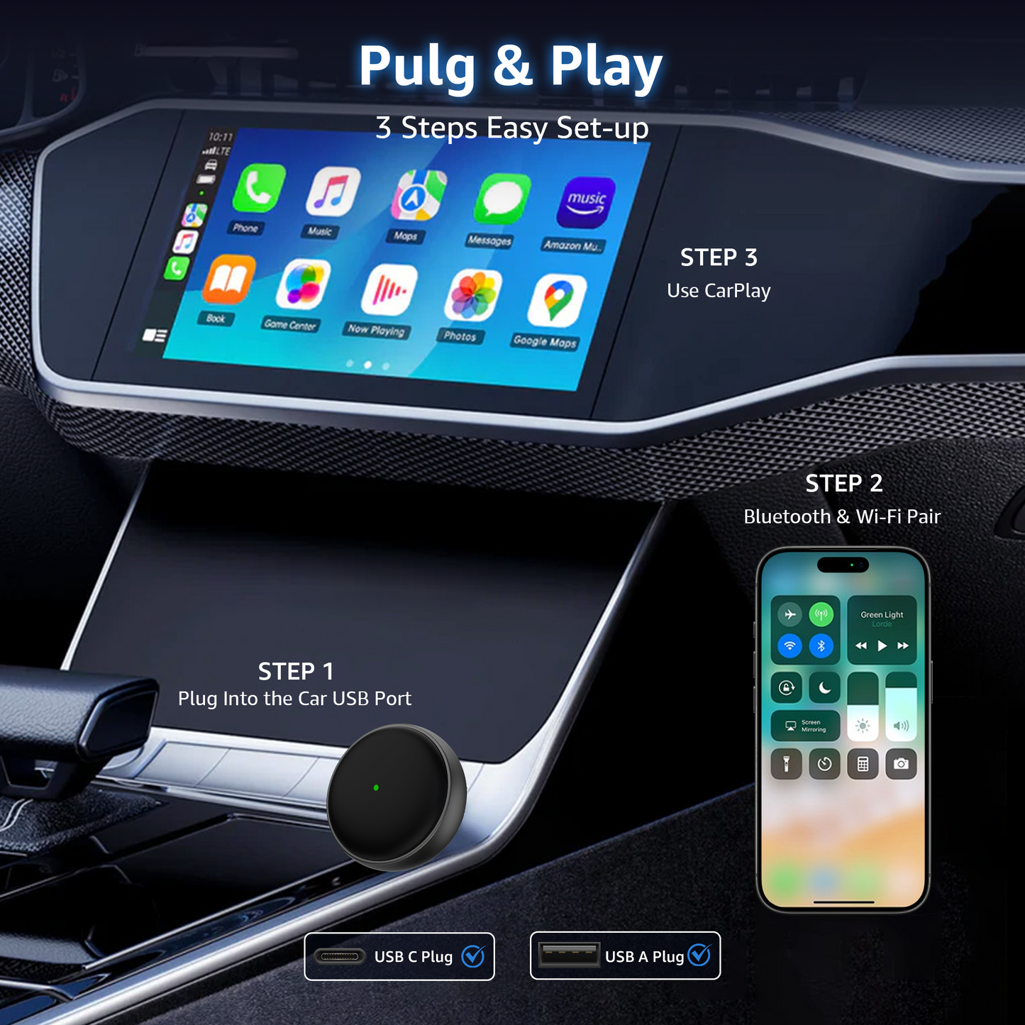 Wireless CarPlay Adapter, 50% Smaller, Converts Wired to Wireless CarPlay, Plug & Play Adapter, Compact Design for Apple iPhone iOS 10+ with USB/USB-C Port
