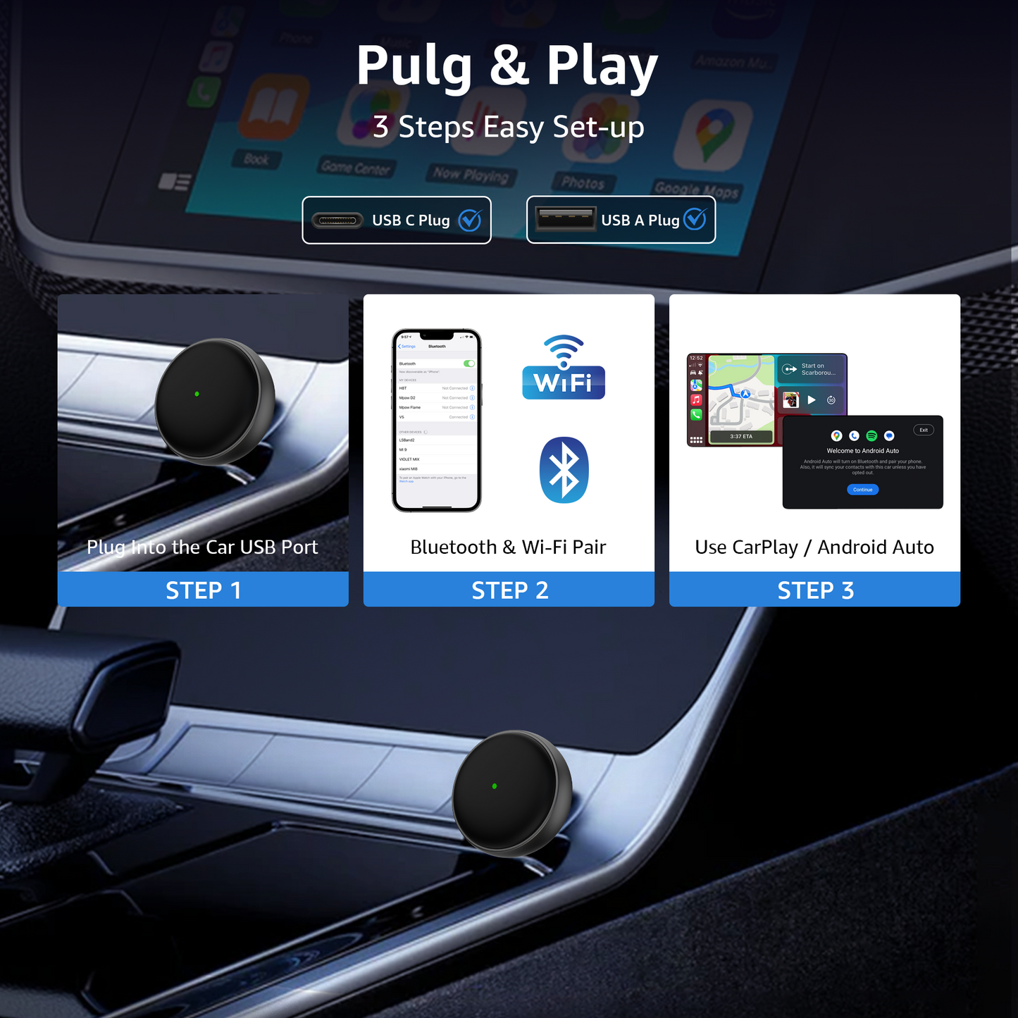 2-in-1 Wireless CarPlay & Android Auto Adapter, 50% Smaller, Converts Wired to Wireless, Zero Latency, Auto-Connection, Plug & Play Adapter for Apple iPhone iOS 10+ & Android 11+